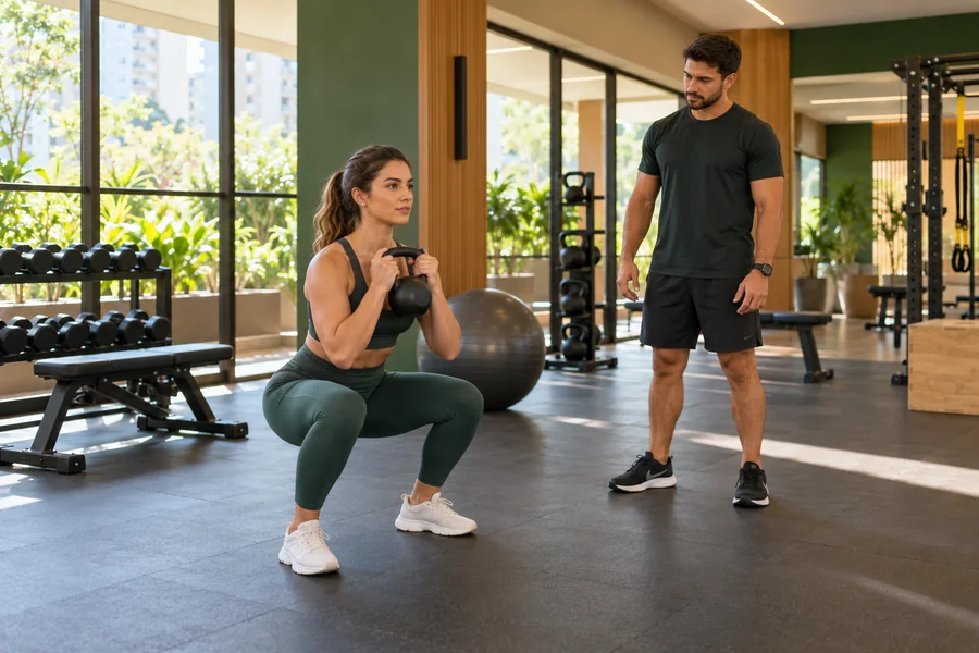 Cena ilustrativa de exercício com kettlebell e orientação em academia de condomínio