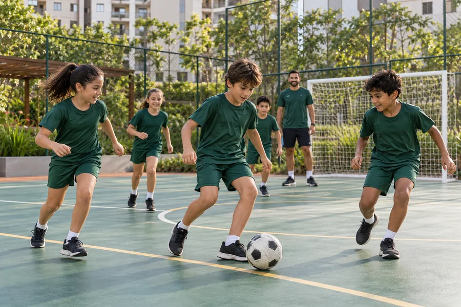 Cena ilustrativa de crianças praticando futsal em quadra de condomínio