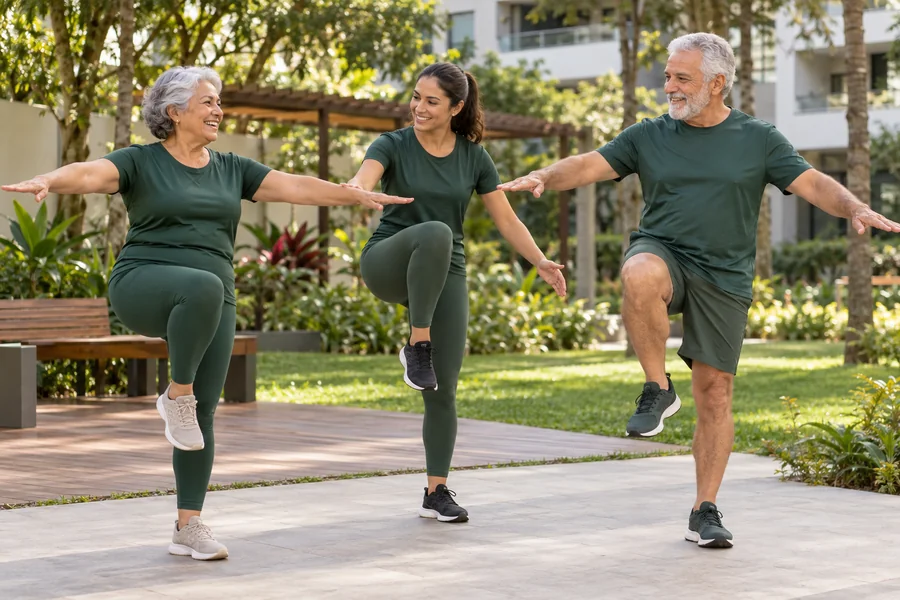 Cena ilustrativa de adultos mais velhos praticando equilíbrio e mobilidade com orientação